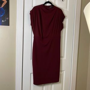 Draped Mock Neck Midi Sheath Dress
